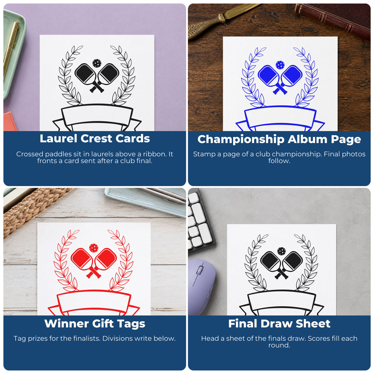 Four ways to use the Pickleball Laurel Blank Ribbon Self-Inking Stamp: laurel crest cards, championship album page, winner gift tags and final draw sheet.