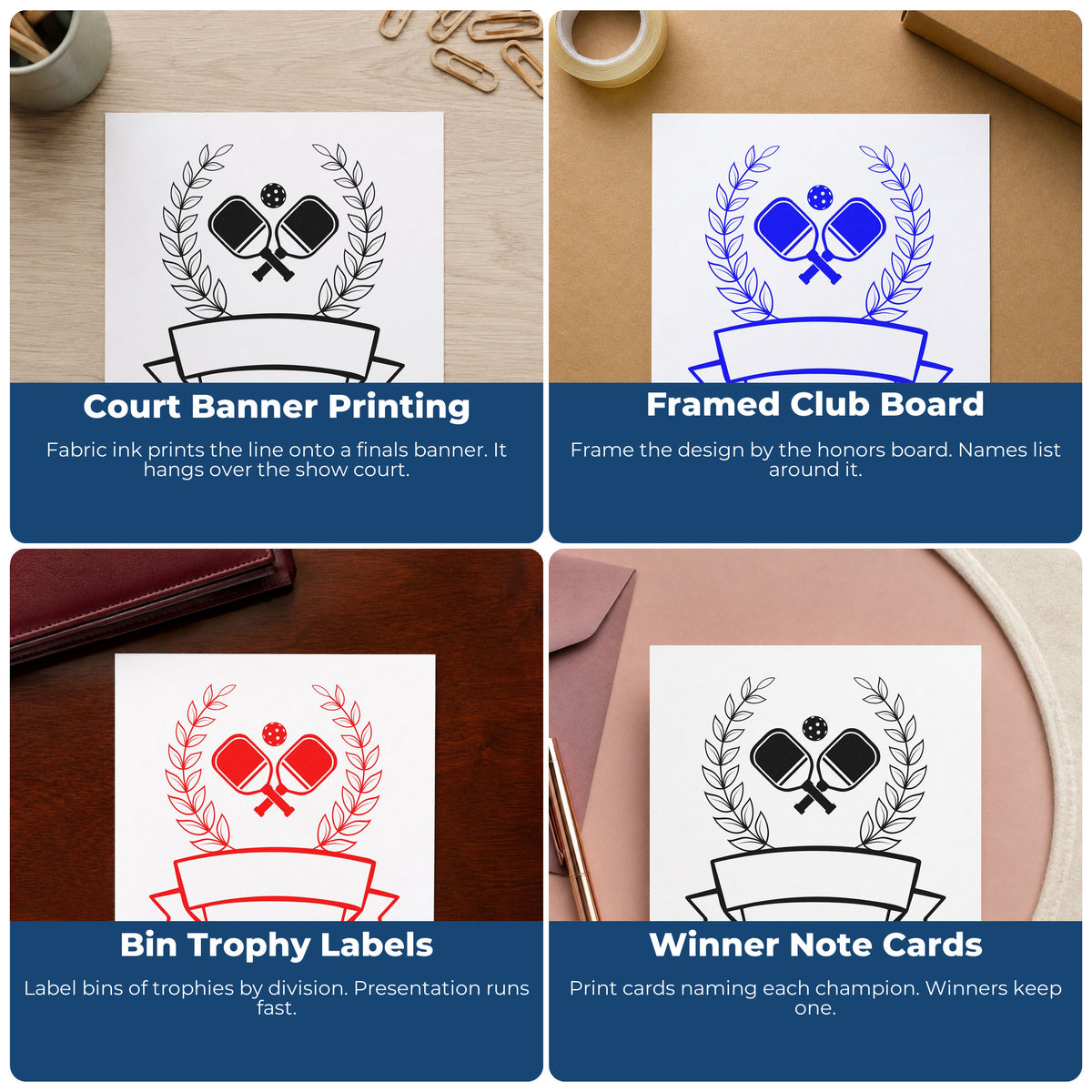 Four ways to use the Pickleball Laurel Blank Ribbon Self-Inking Stamp: court banner printing, framed club board, bin trophy labels and winner note cards.