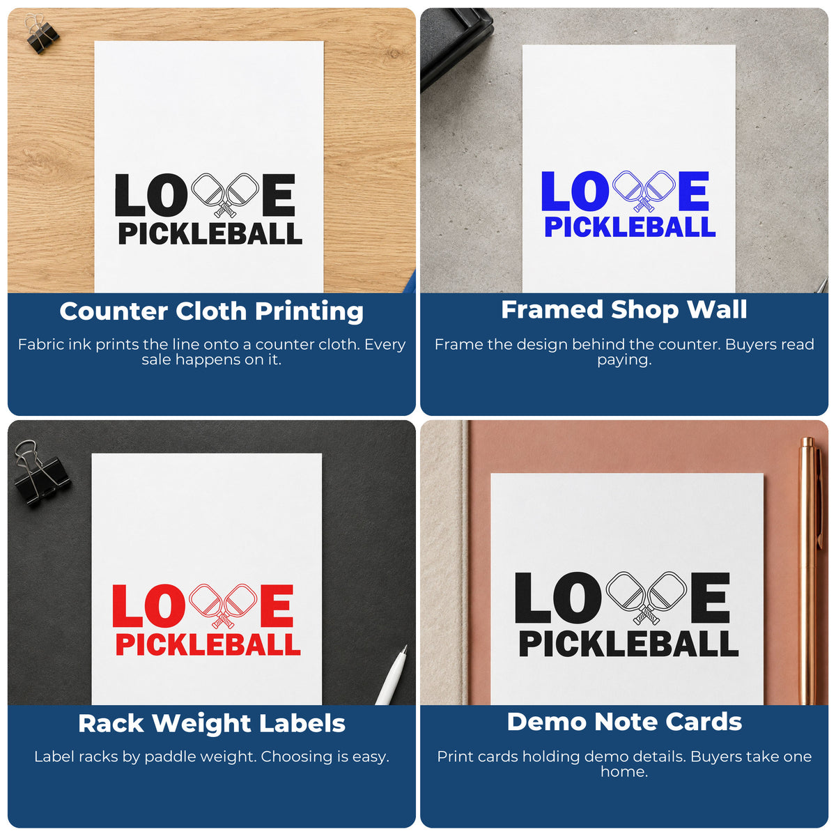 Four ways to use the Love Pickleball Crossed Paddles Slim Pre-Inked Stamp: counter cloth printing, framed shop wall, rack weight labels and demo note cards.