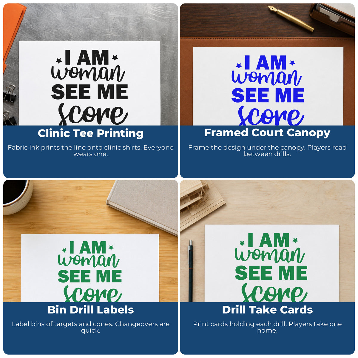 Four ways to use the Woman See Me Score Rubber Stamp – Wood Handle: clinic tee printing, framed court canopy, bin drill labels and drill take cards.