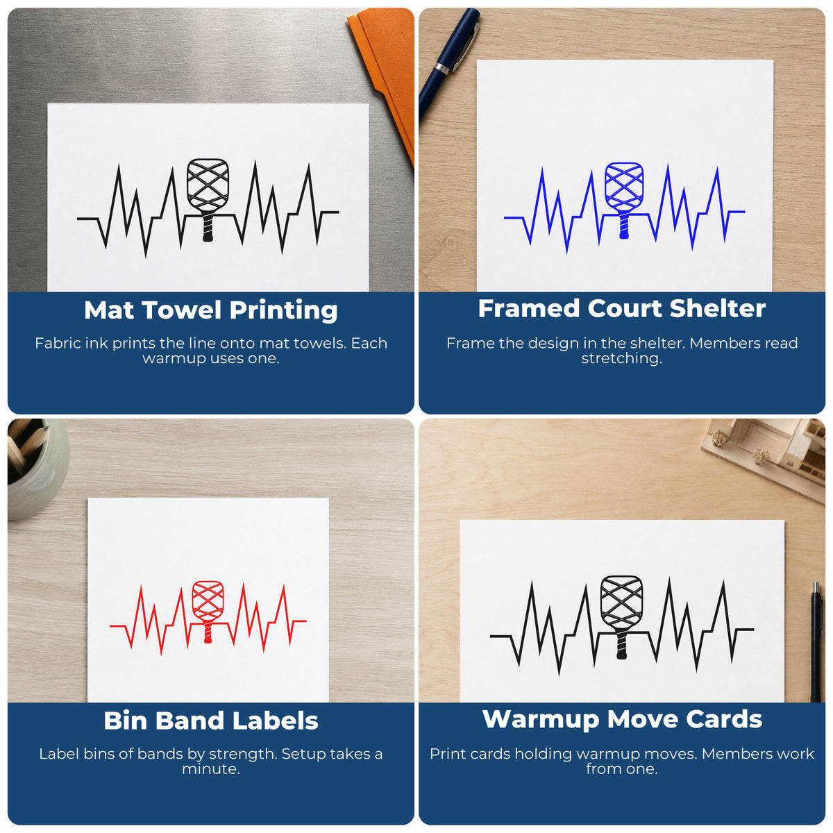Four ways to use the Crosshatched Paddle Heartbeat Line Wood Handle Stamp: mat towel printing, framed court shelter, bin band labels and warmup move cards.