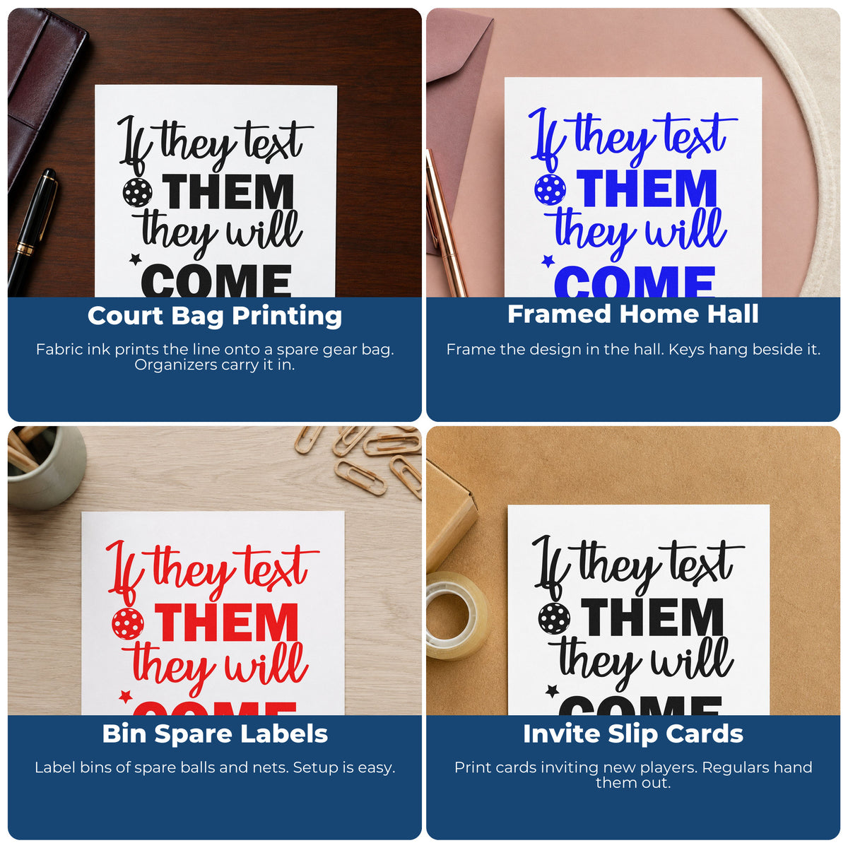 Four ways to use the Pickleball Text Them Quote Rubber Stamp – Duo Hand: court bag printing, framed home hall, bin spare labels and invite slip cards.