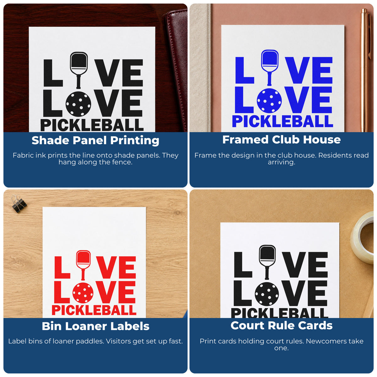 Four ways to use the Live Love Pickleball Icons PSI Pre-Inked Stamp: shade panel printing, framed club house, bin loaner labels and court rule cards.