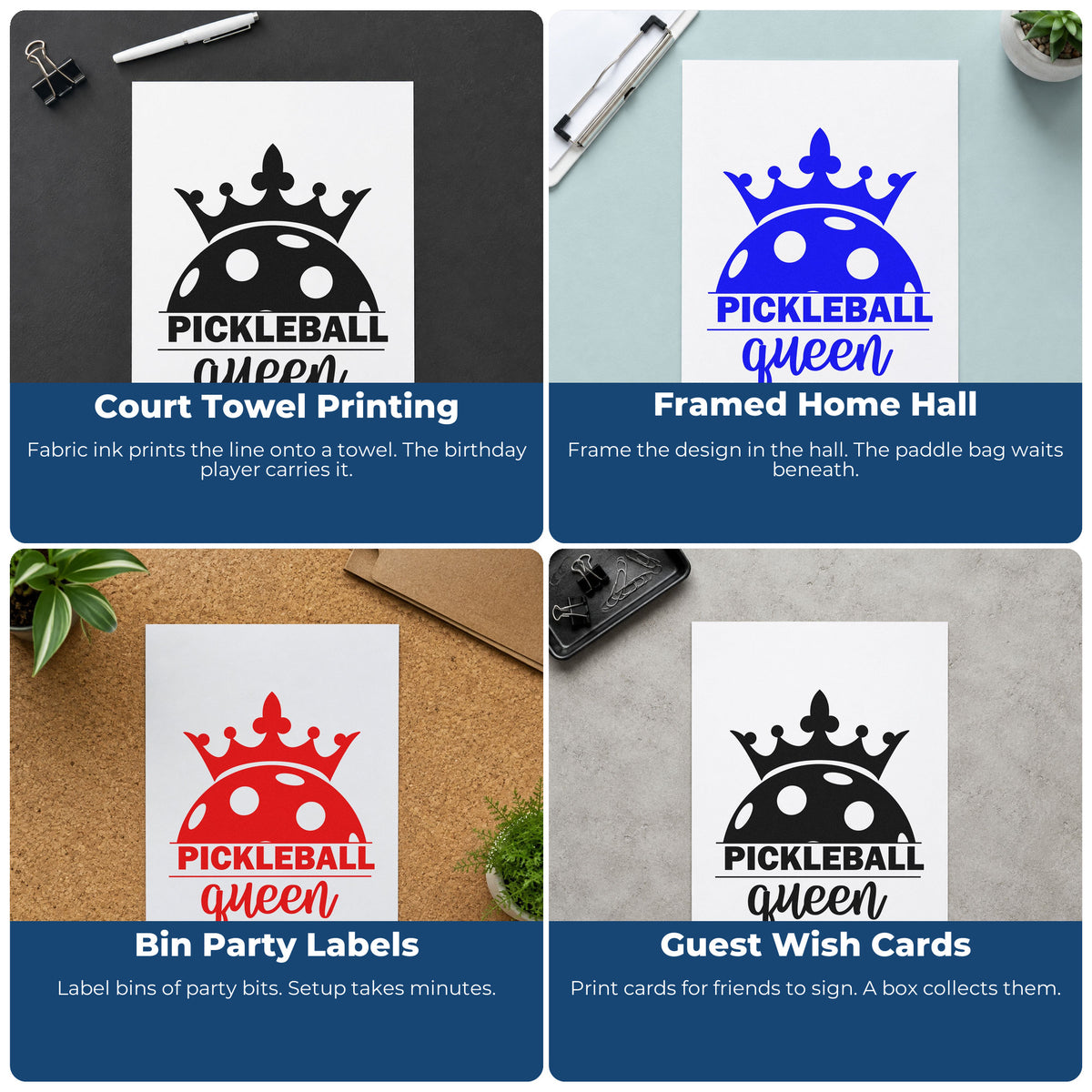 Four ways to use the Pickleball Queen Crowned Ball Crown Premium Wooden Stamp - Vintage Pro: court towel printing, framed home hall, bin party labels and guest wish cards.