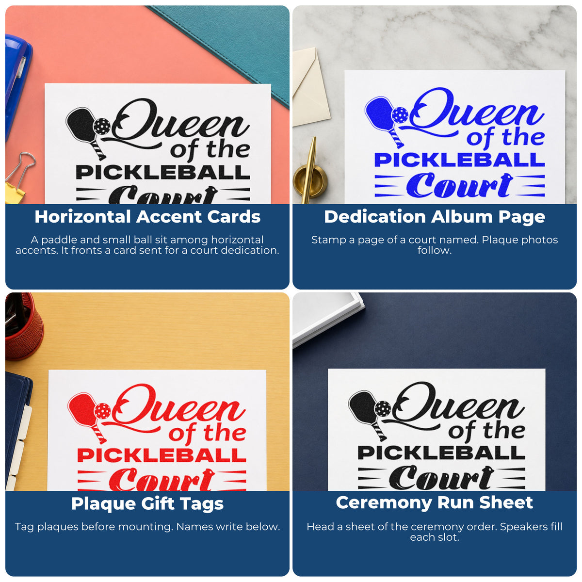 Four ways to use the Queen Of Pickleball Court Wood Handle Stamp: horizontal accent cards, dedication album page, plaque gift tags and ceremony run sheet.