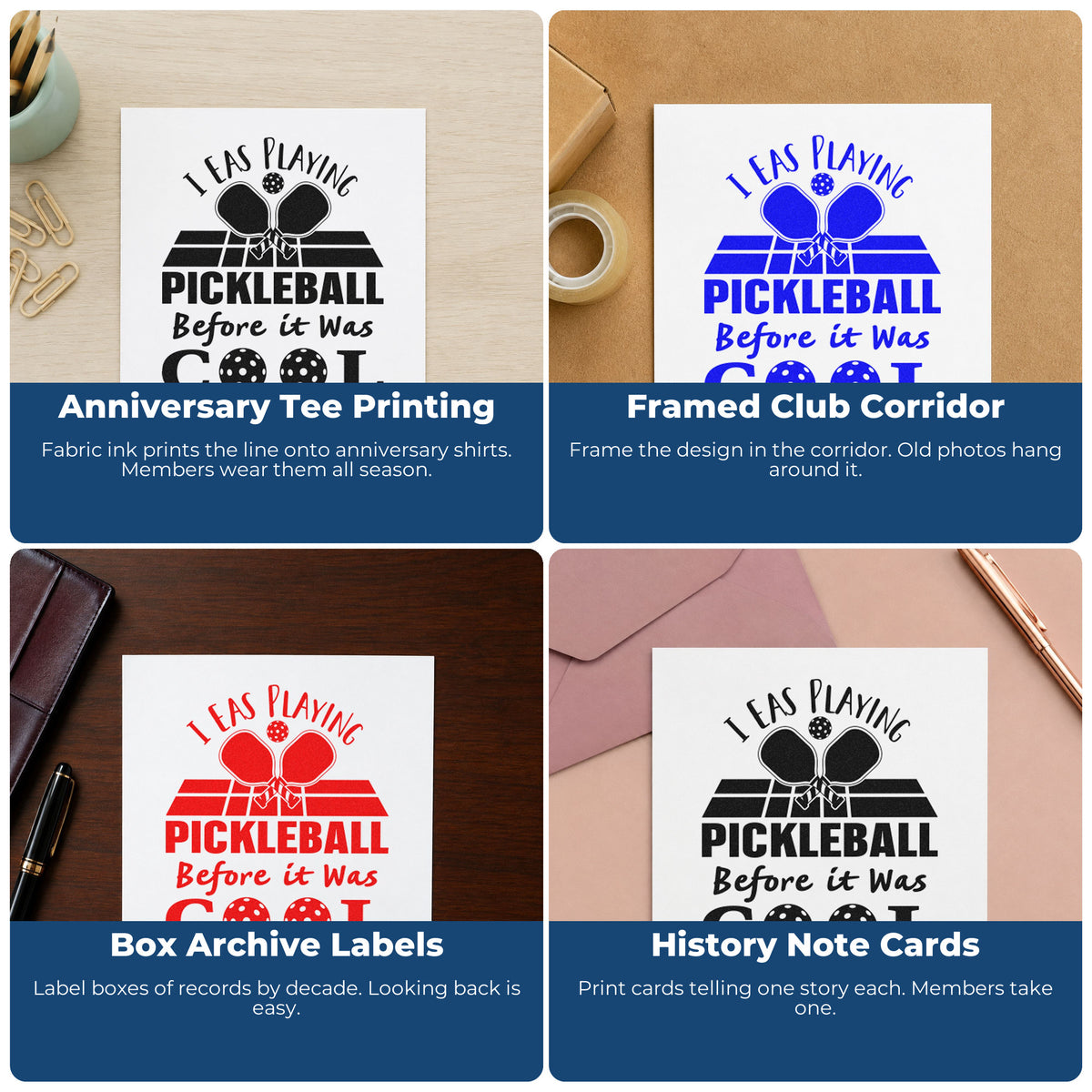 Four ways to use the Pickleball Before It Cool Rubber Stamp – Duo Hand: anniversary tee printing, framed club corridor, box archive labels and history note cards.