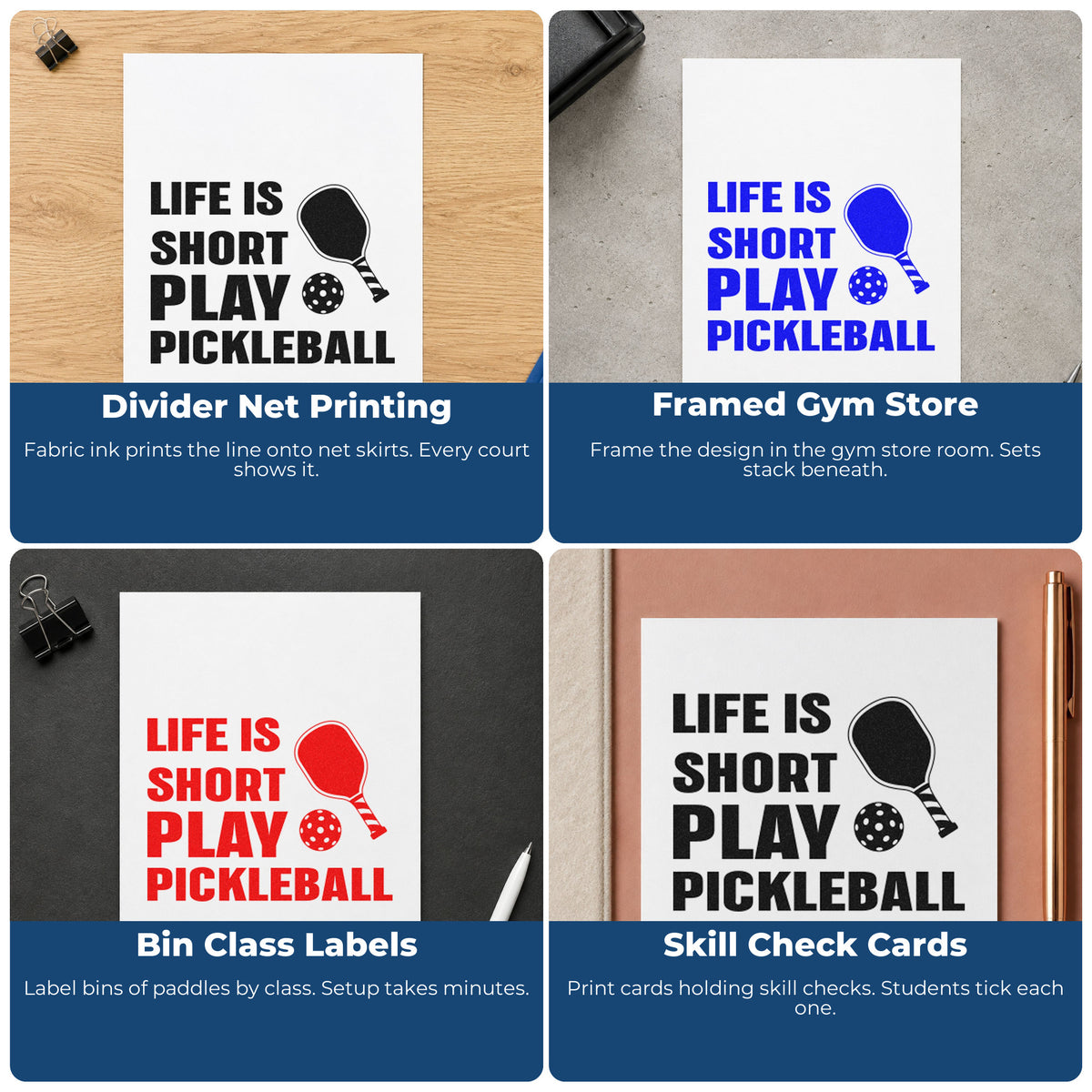 Four ways to use the Life Short Play Pickleball Slim Pre-Inked Stamp: divider net printing, framed gym store, bin class labels and skill check cards.