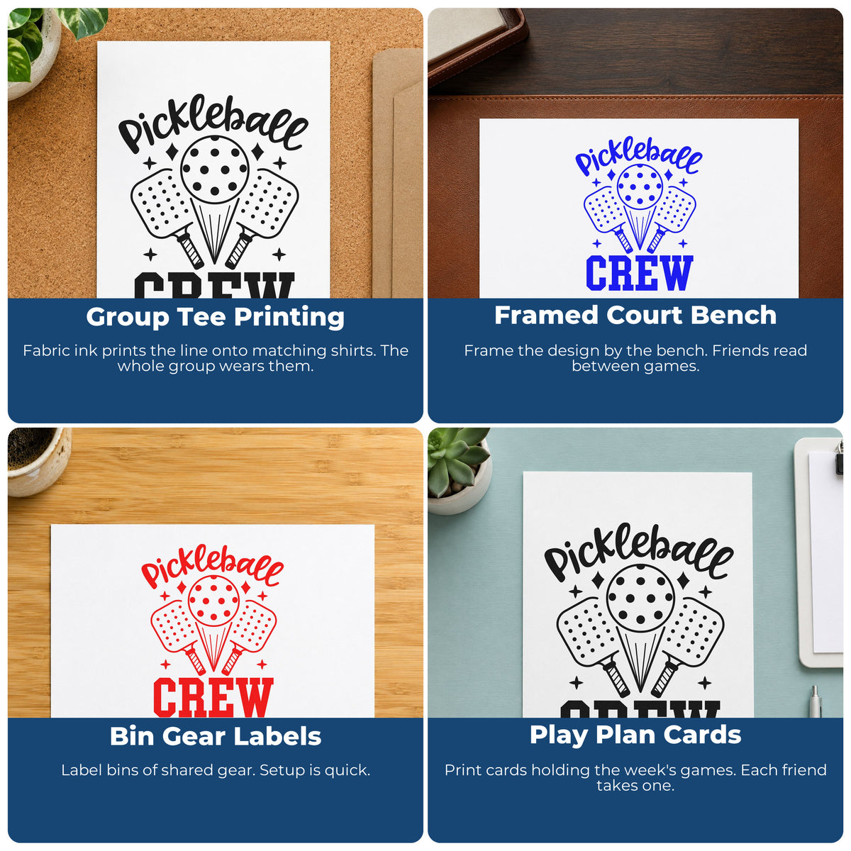 Four ways to use the Pickleball Crew Paddles Ball With Sparkles PSI Pre-Inked Stamp: group tee printing, framed court bench, bin gear labels and play plan cards.