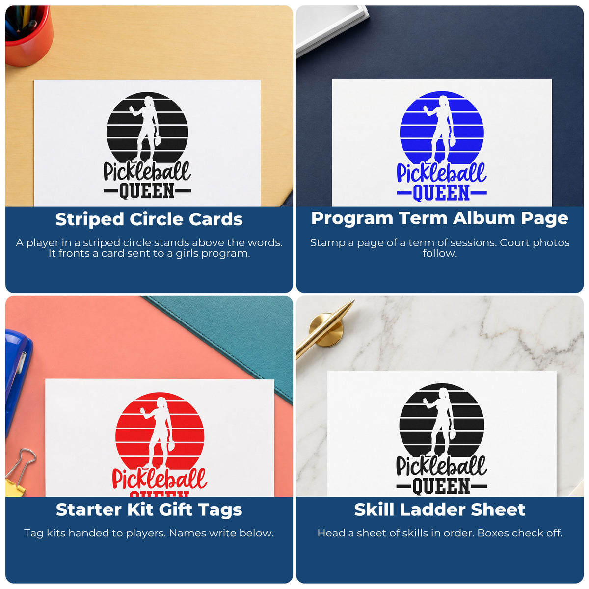 Four ways to use the Pickleball Queen Player Silhouette Wood Handle Stamp: striped circle cards, program term album page, starter kit gift tags and skill ladder sheet.