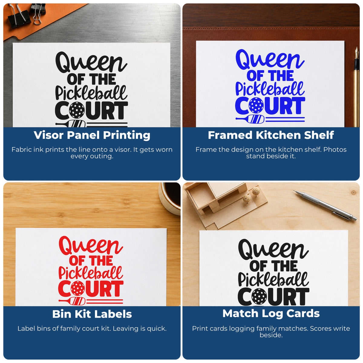 Four ways to use the Slim Pre-Inked Queen Of The Pickleball Court Stamp: visor panel printing, framed kitchen shelf, bin kit labels and match log cards.