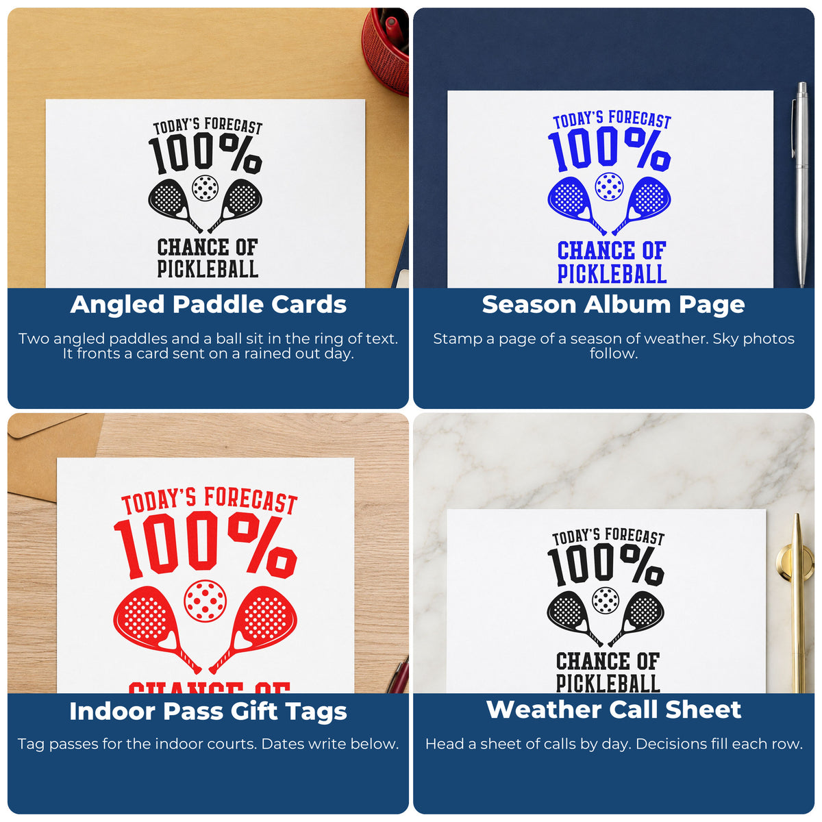 Four ways to use the Pickleball Forecast With Angled Paddles Duo Hand Stamp: angled paddle cards, season album page, indoor pass gift tags and weather call sheet.