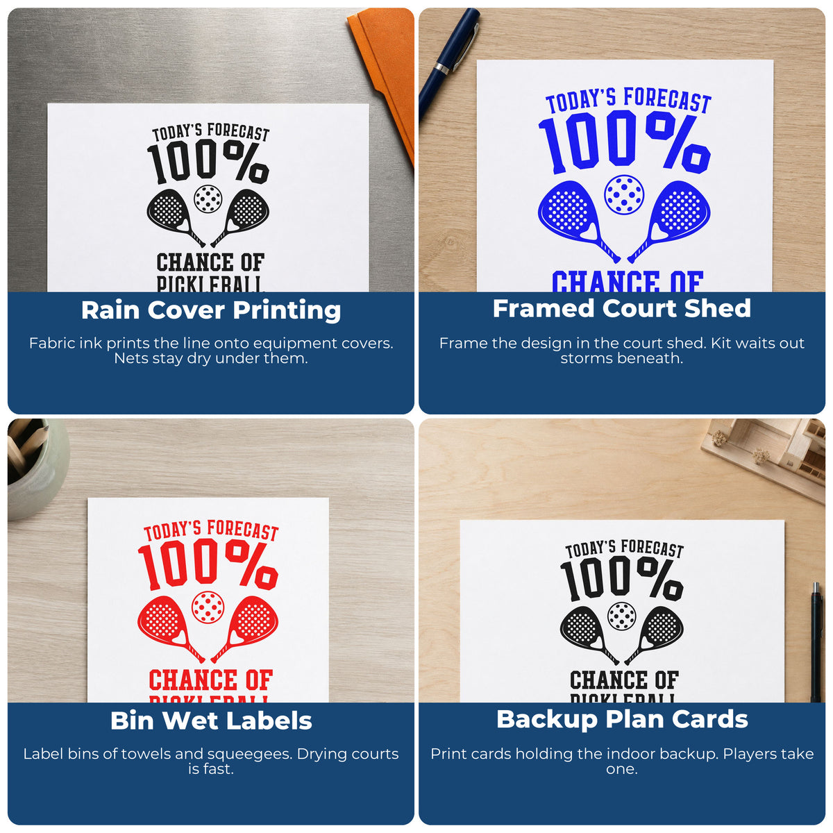 Four ways to use the PSI Pre-Inked Pickleball Forecast With Angled Paddles Stamp: rain cover printing, framed court shed, bin wet labels and backup plan cards.