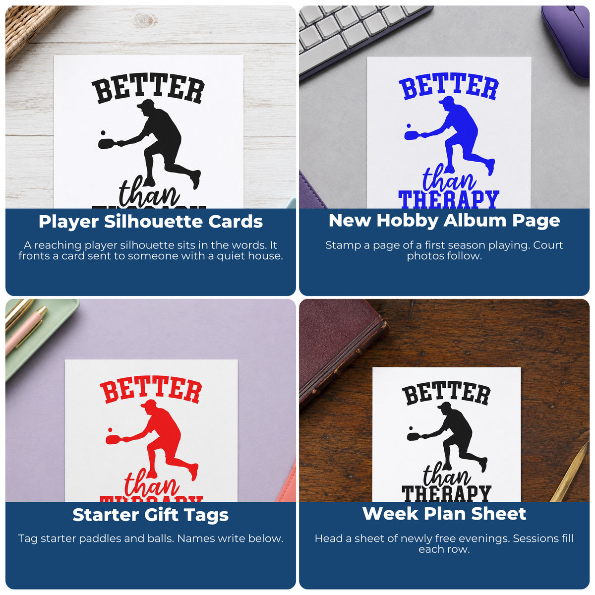 Four ways to use the Better Than Therapy Pickleball Rubber Stamp – Duo Hand: player silhouette cards, new hobby album page, starter gift tags and week plan sheet.