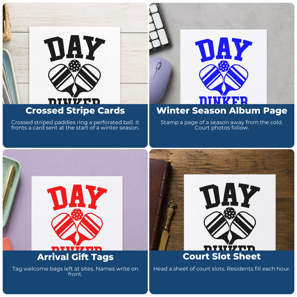 Four ways to use the Day Dinker Crossed Paddles Pickleball Hand Stamp – Duo: crossed stripe cards, winter season album page, arrival gift tags and court slot sheet.