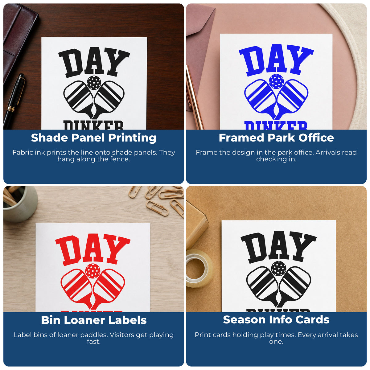 Four ways to use the Premium Wooden Day Dinker Crossed Paddles Pickleball Stamp - Vintage Pro: shade panel printing, framed park office, bin loaner labels and season info cards.