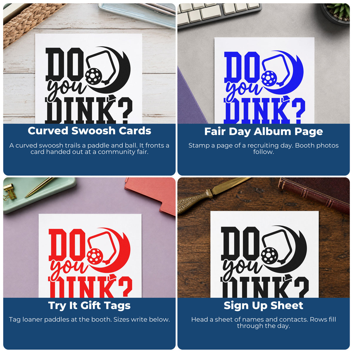Four ways to use the Do You Dink Question Stamp – Duo Hand: curved swoosh cards, fair day album page, try it gift tags and sign up sheet.