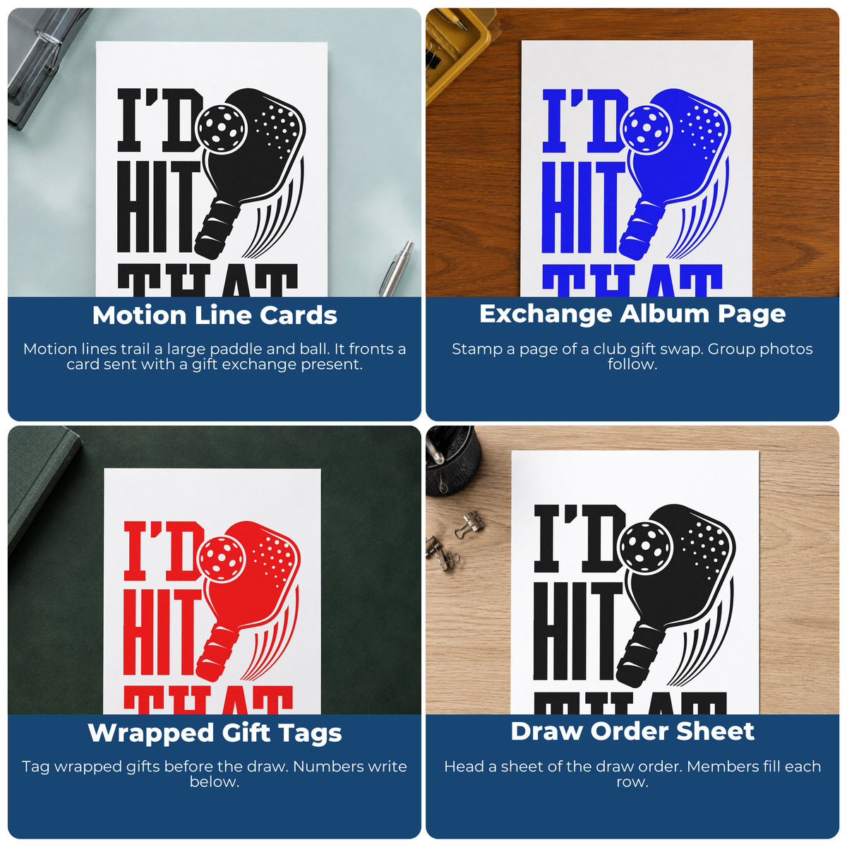Four ways to use the I Would Hit That Stamp – PSI Pre-Inked: motion line cards, exchange album page, wrapped gift tags and draw order sheet.