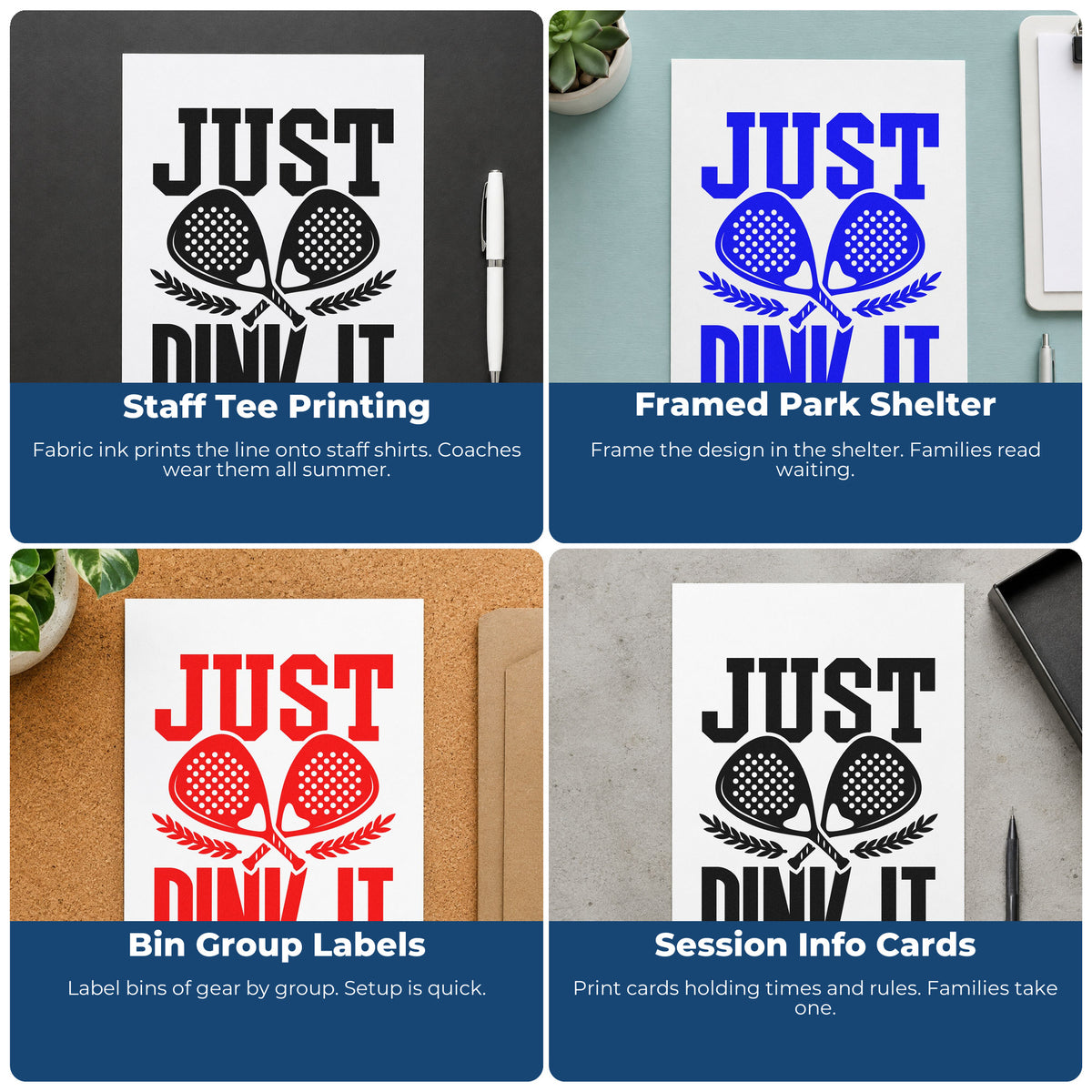 Four ways to use the Just Dink It Laurels Botanical Sprig Rubber Stamp – Wood Handle: staff tee printing, framed park shelter, bin group labels and session info cards.
