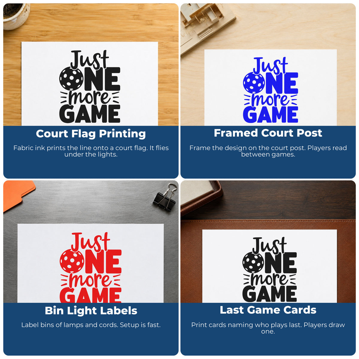 Four ways to use the Just One More Game Pickleball Lettering PSI Pre-Inked Stamp: court flag printing, framed court post, bin light labels and last game cards.