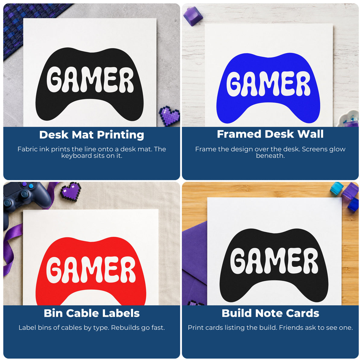 Four ways to use the Gamer Controller Silhouette Lettering Wood-Mounted Rubber Stamp: desk mat printing, framed desk wall, bin cable labels and build note cards.