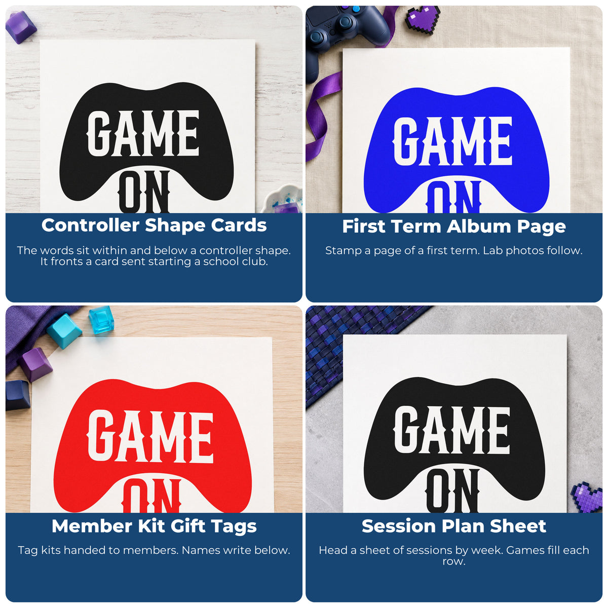 Four ways to use the Duo Hand Game On Controller Silhouette Rubber Stamp: controller shape cards, first term album page, member kit gift tags and session plan sheet.