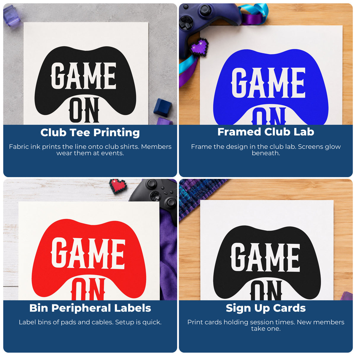 Four ways to use the Pre-Inked Game On Controller Silhouette Stamp – PSI: club tee printing, framed club lab, bin peripheral labels and sign up cards.