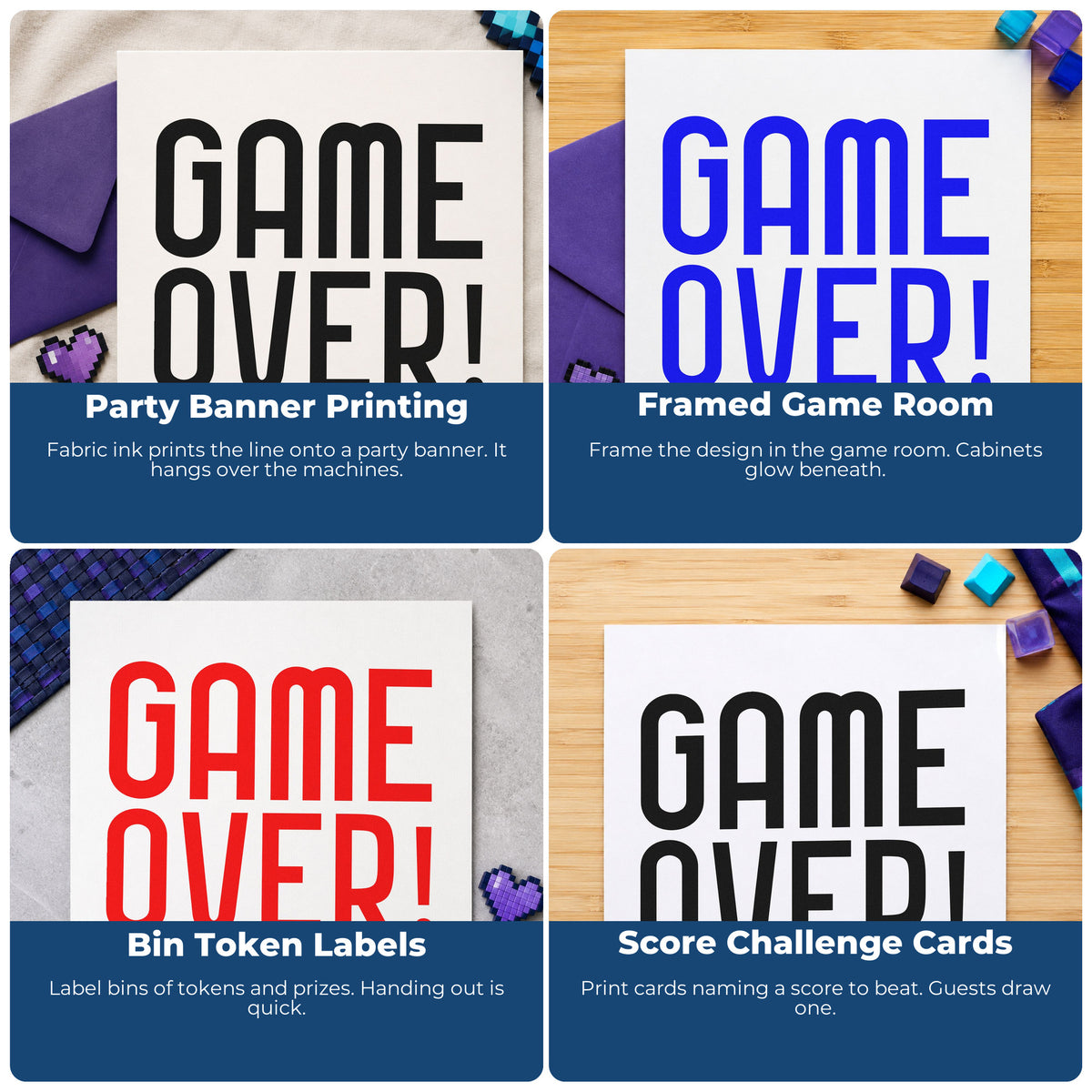 Gaming rubber stamps used in planners, flyers, kids crafts, and handmade product packaging.