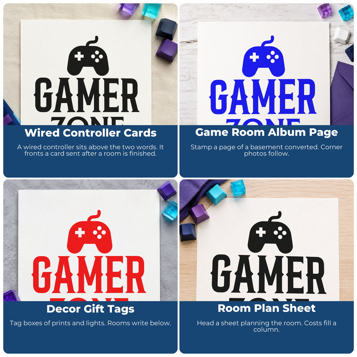 Four ways to use the PSI Pre-Inked Gamer Zone Wired Controller Stamp: wired controller cards, game room album page, decor gift tags and room plan sheet.