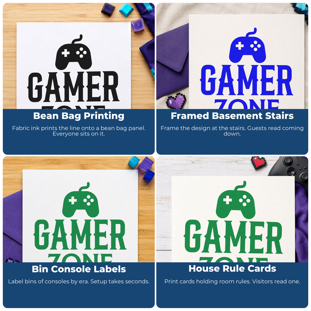 Four ways to use the Gamer Zone Wired Controller Self-Inking Stamp: bean bag printing, framed basement stairs, bin console labels and house rule cards.