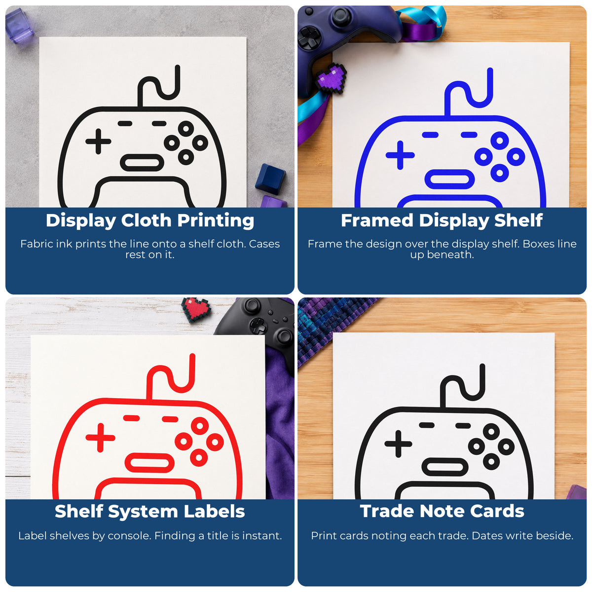 Four ways to use the Wired Retro Controller Line Art Rubber Stamp – Wood Handle: display cloth printing, framed display shelf, shelf system labels and trade note cards.