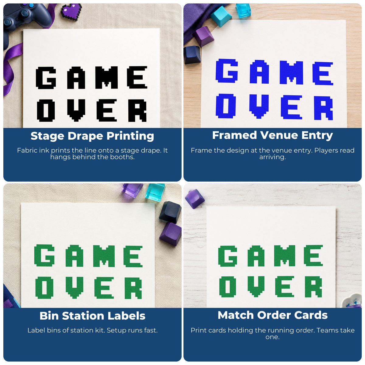 Four ways to use the Game Over Pixel Lettering Stamp – PSI Pre-Inked: stage drape printing, framed venue entry, bin station labels and match order cards.