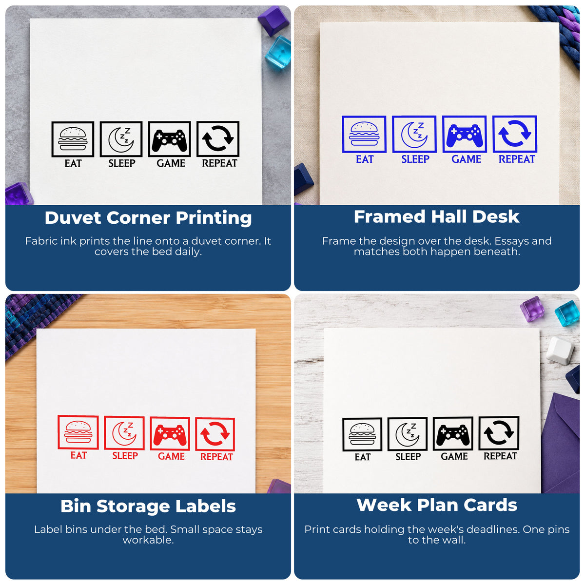 Four ways to use the Eat Sleep Game Repeat Arrow Hand Stamp – Duo: duvet corner printing, framed hall desk, bin storage labels and week plan cards.