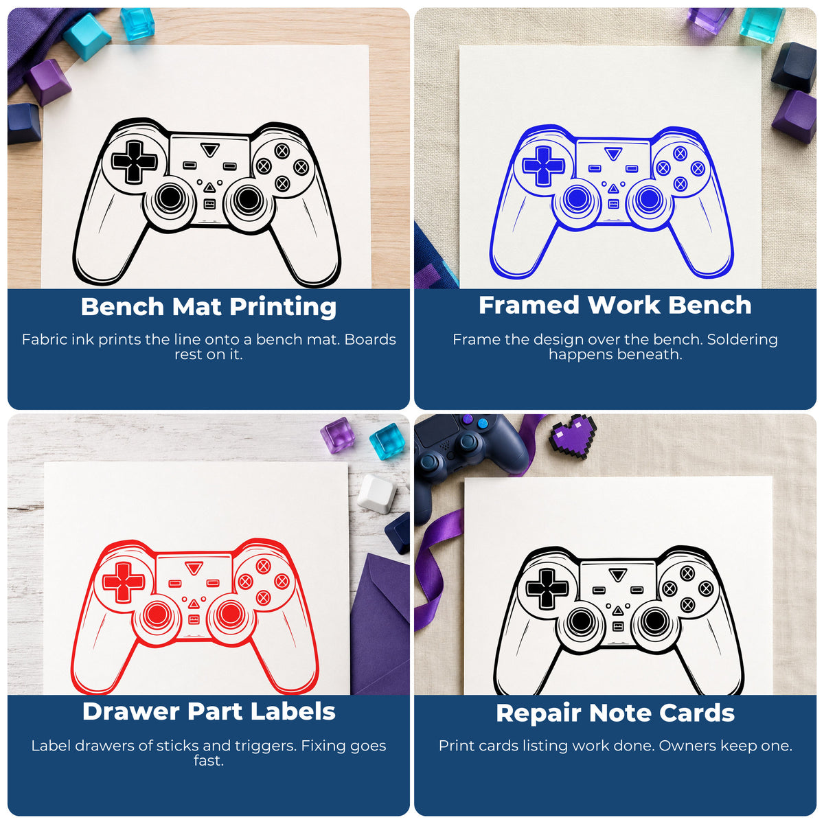 Four ways to use the Dual Thumbstick Controller Linework PSI Pre-Inked Stamp: bench mat printing, framed work bench, drawer part labels and repair note cards.