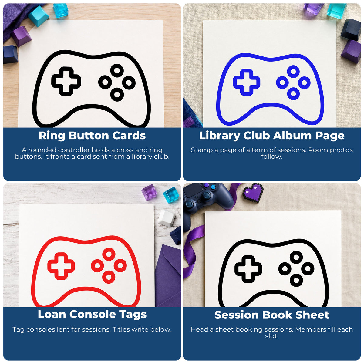 Four ways to use the Ring Button Controller Outline Self-Inking Craft Stamp: ring button cards, library club album page, loan console tags and session book sheet.