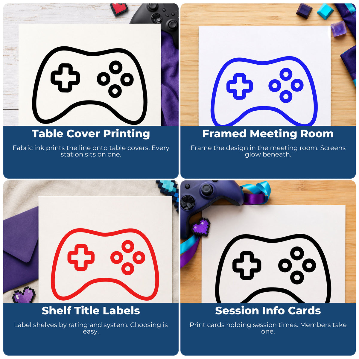 Four ways to use the Ring Button Controller Outline Self-Inking Craft Stamp: table cover printing, framed meeting room, shelf title labels and session info cards.