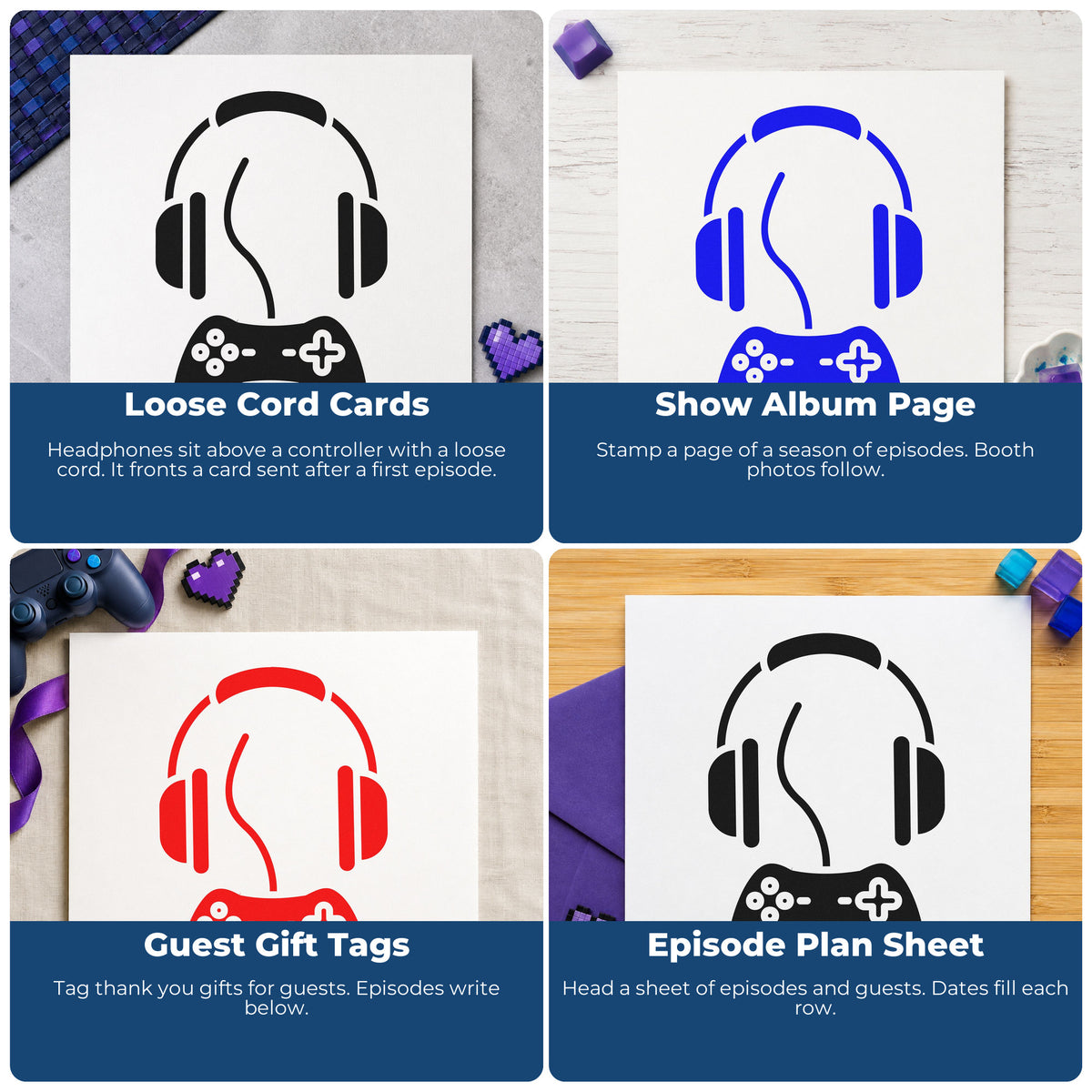 Four ways to use the Headphones Above Wired Controller Pre-Inked Stamp – Slim: loose cord cards, show album page, guest gift tags and episode plan sheet.
