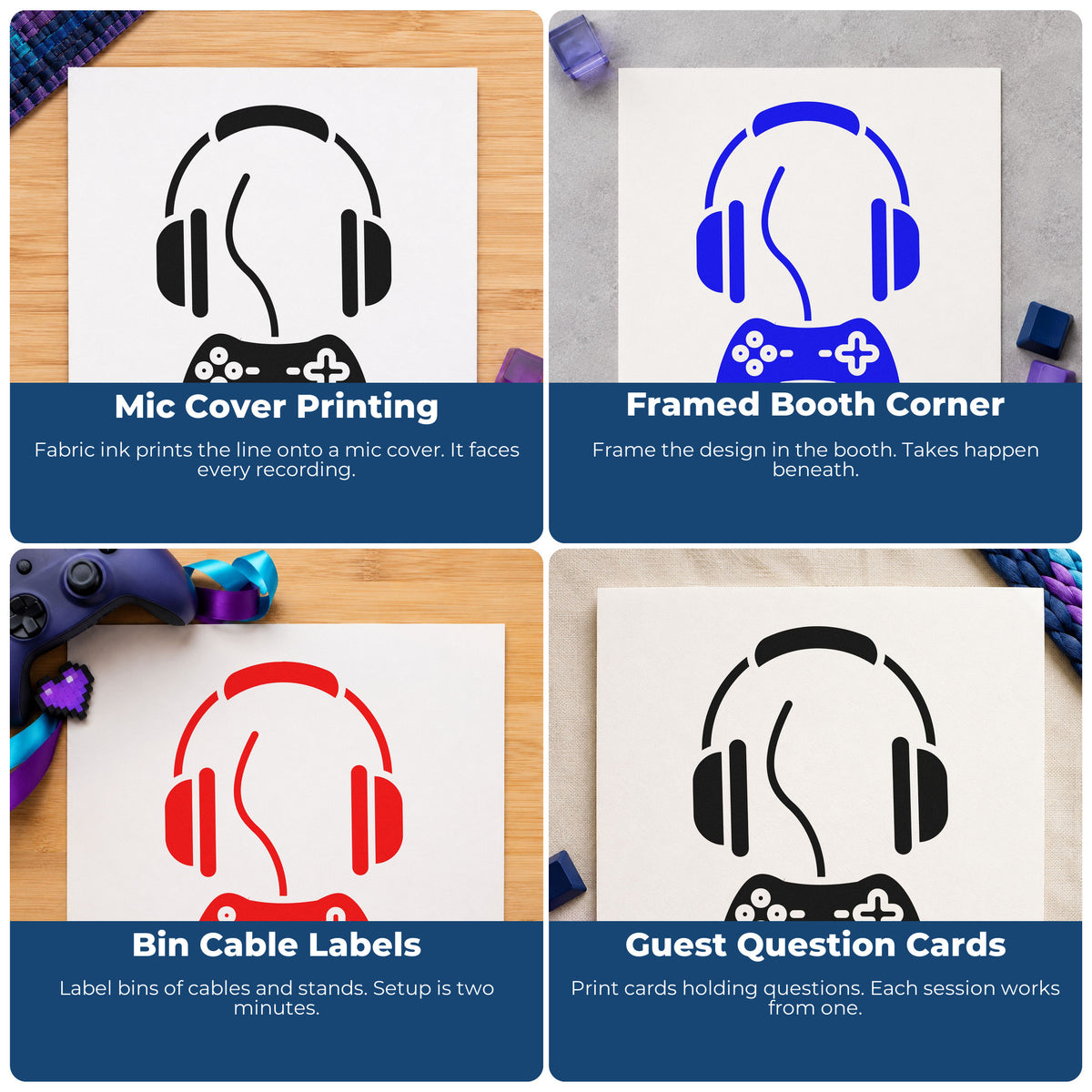 Four ways to use the Wood Handle Headphones Above Wired Controller Rubber Stamp: mic cover printing, framed booth corner, bin cable labels and guest question cards.