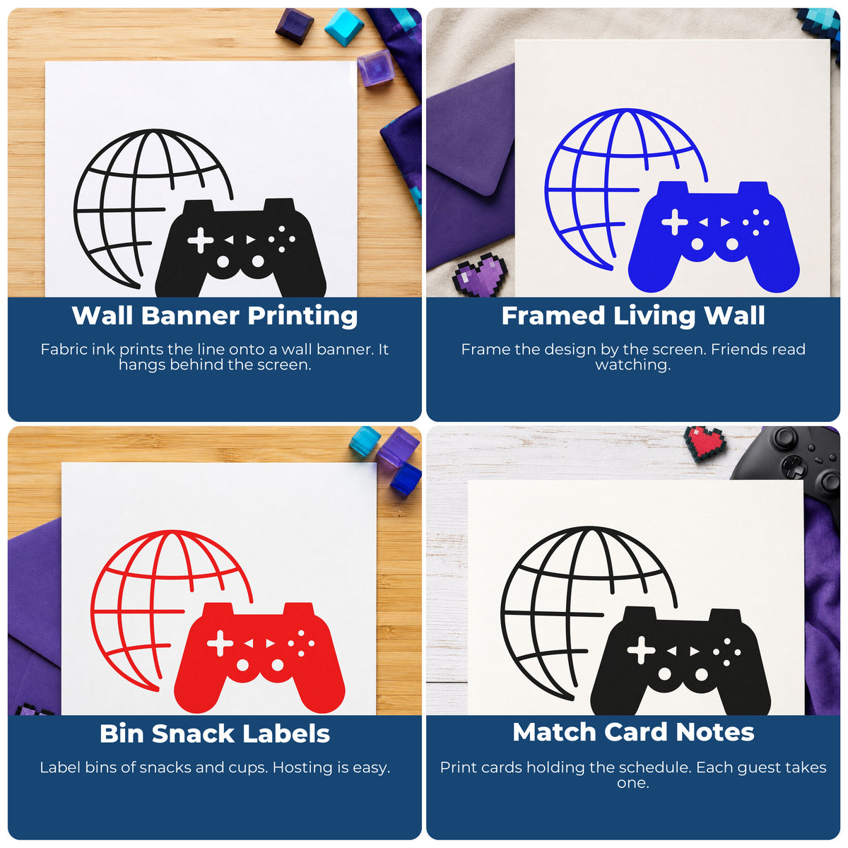 Four ways to use the Duo Hand Wireframe Globe With Game Controller Rubber Stamp: wall banner printing, framed living wall, bin snack labels and match card notes.