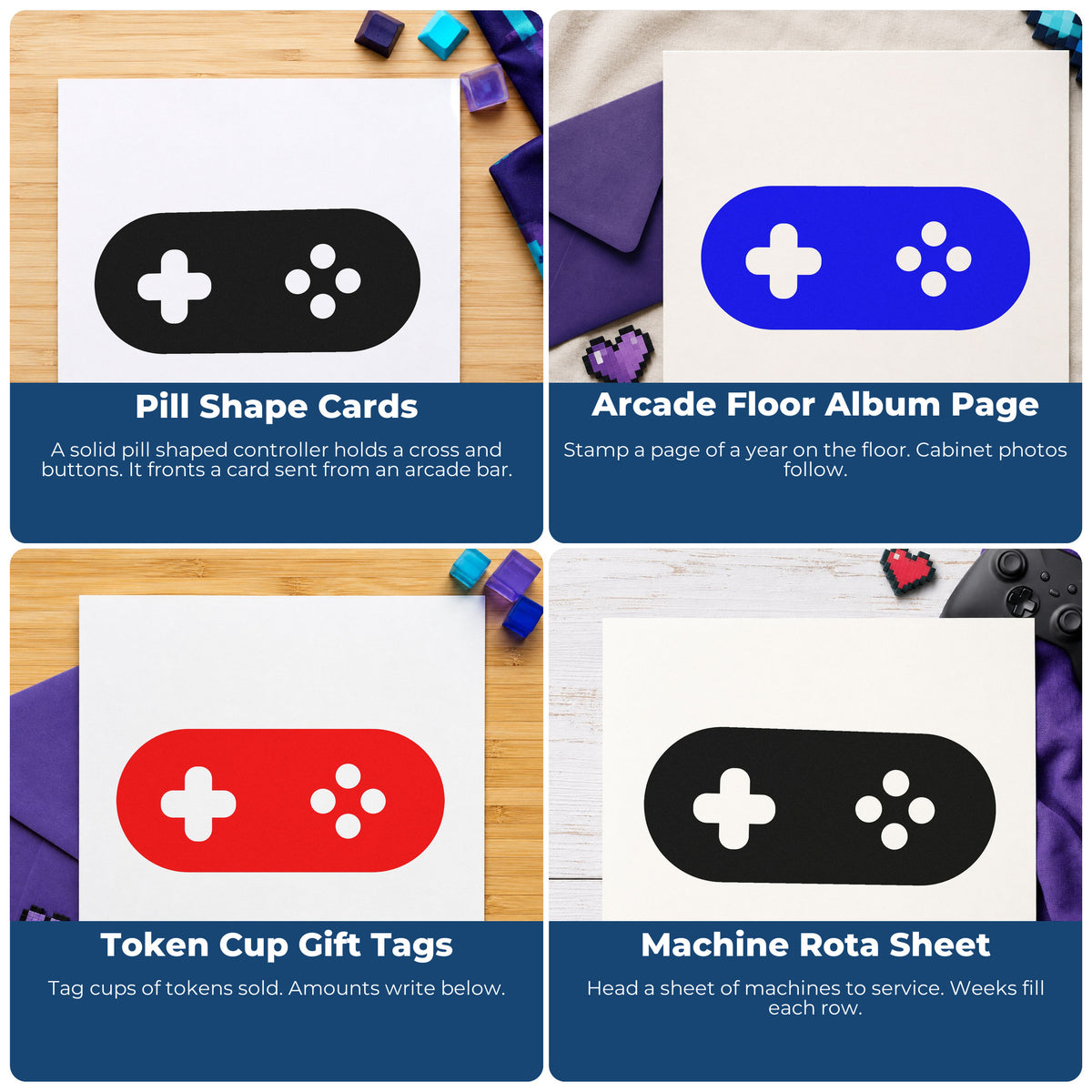Four ways to use the Pill-Shaped Controller Button Silhouette Slim Pre-Inked Stamp: pill shape cards, arcade floor album page, token cup gift tags and machine rota sheet.
