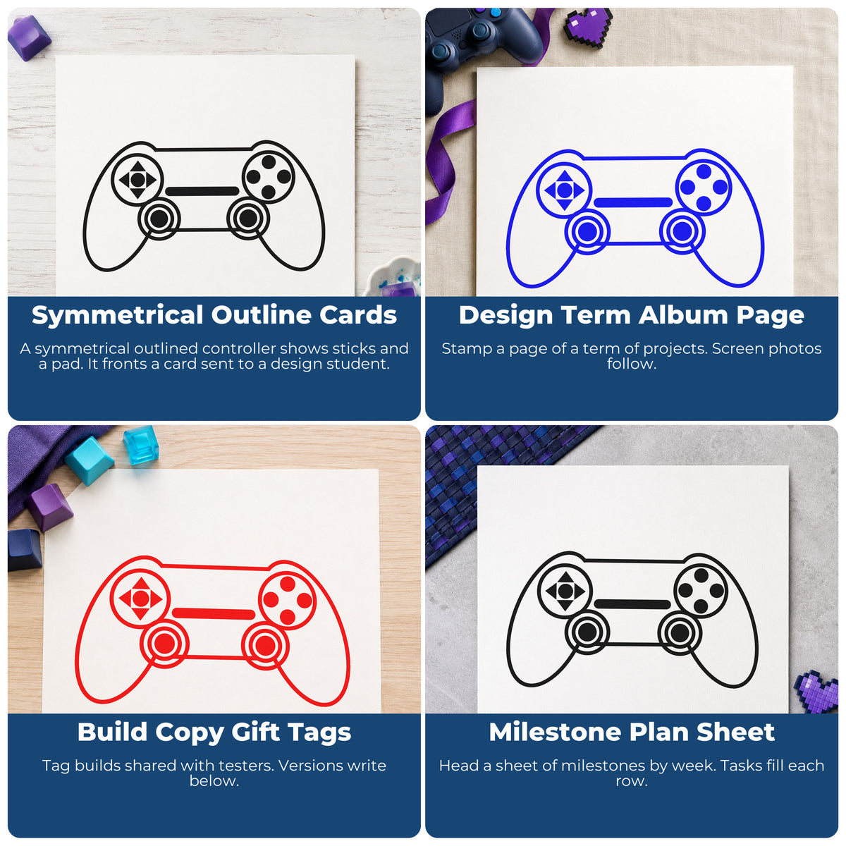 Four ways to use the Outlined Dual Stick Controller Craft Stamp – Self-Inking: symmetrical outline cards, design term album page, build copy gift tags and milestone plan sheet.
