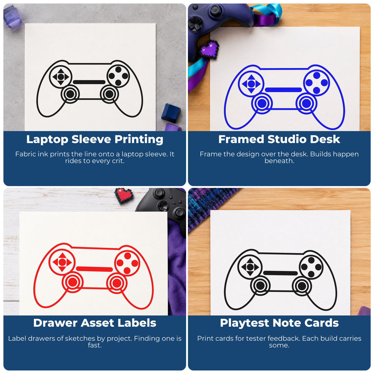 Four ways to use the Outlined Dual Stick Controller Craft Stamp – Self-Inking: laptop sleeve printing, framed studio desk, drawer asset labels and playtest note cards.