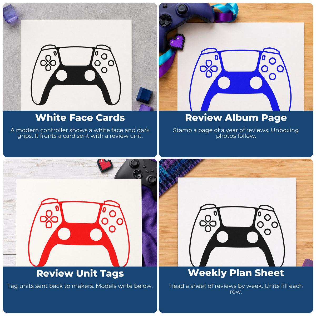 Four ways to use the Shaded Game Controller Slim Pre-Inked Stamp: white face cards, review album page, review unit tags and weekly plan sheet.