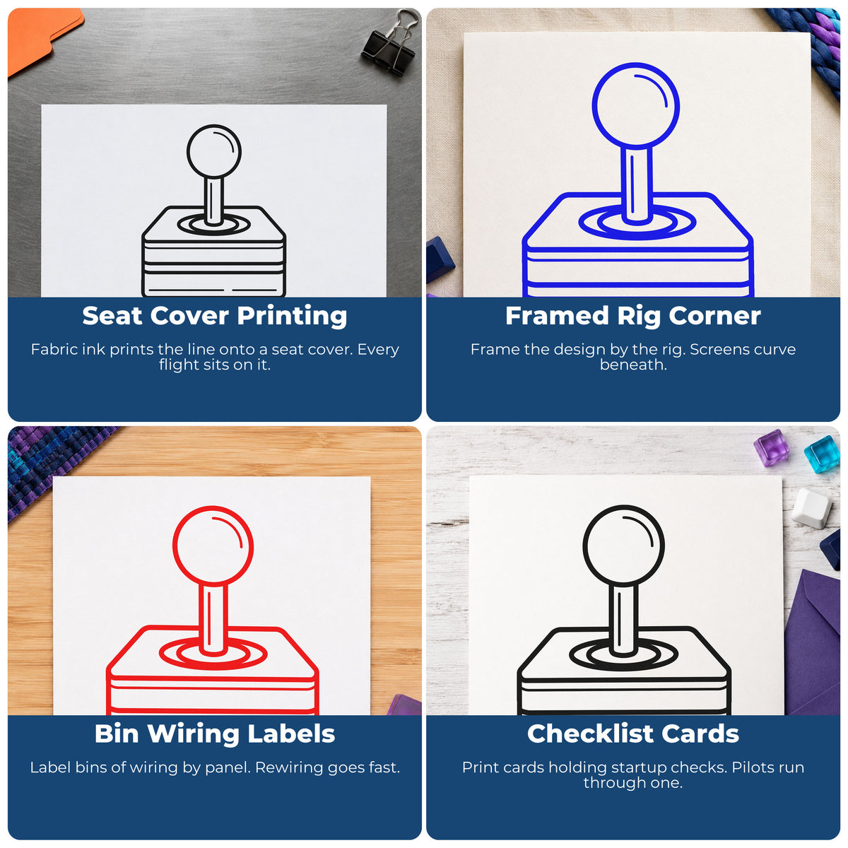 Four ways to use the Retro Joystick Layered Base Wood Handle Stamp: seat cover printing, framed rig corner, bin wiring labels and checklist cards.