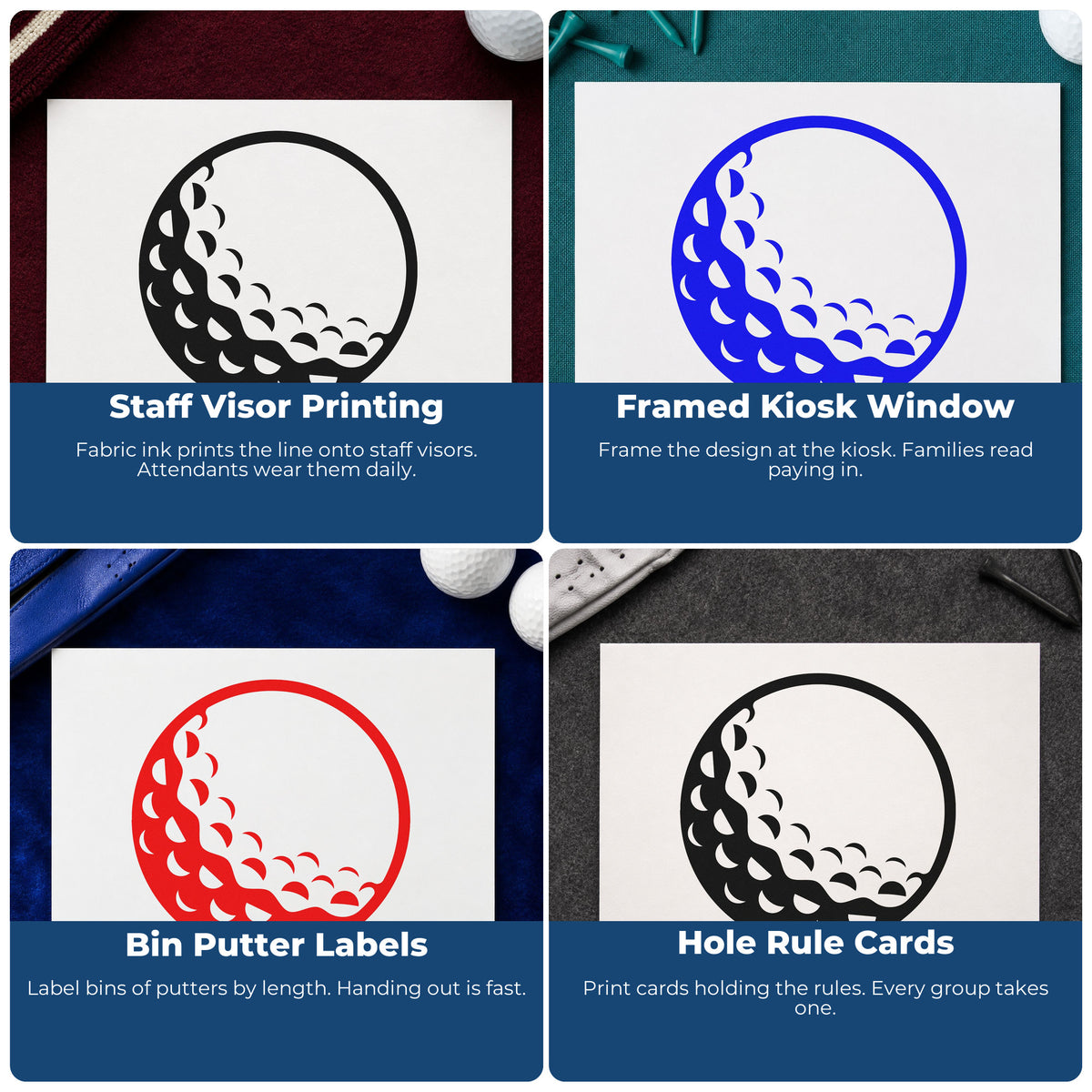 Four ways to use the Shaded Golf Ball Premium Wooden Stamp - Vintage Pro: staff visor printing, framed kiosk window, bin putter labels and hole rule cards.