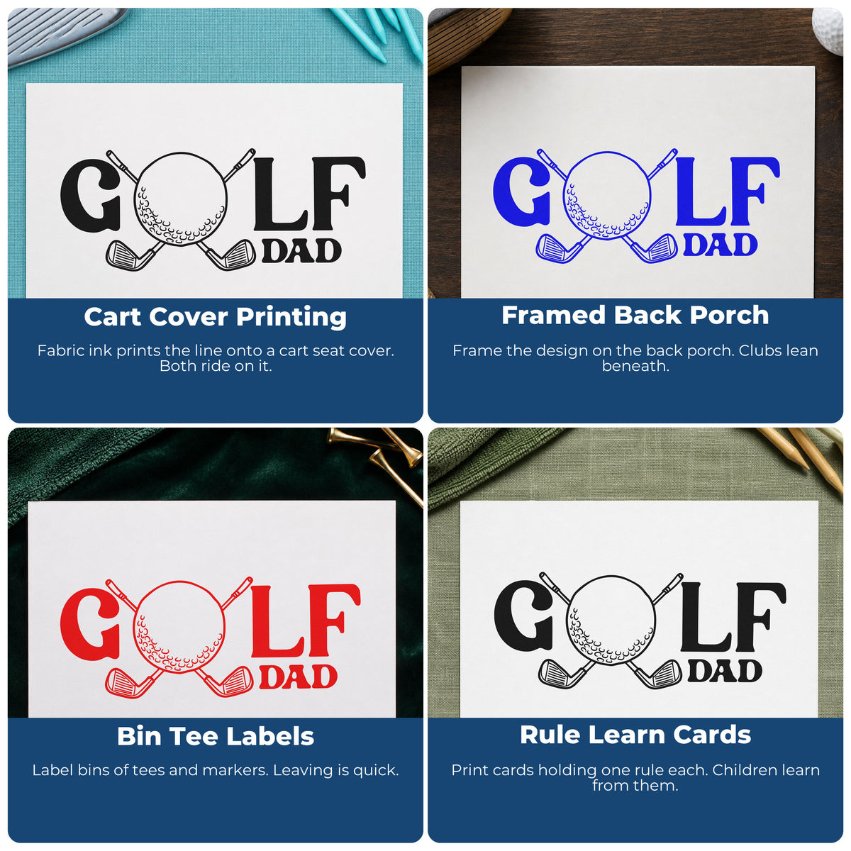 Four ways to use the Golf Dad Ball And Clubs Typography Wood Handle Stamp: cart cover printing, framed back porch, bin tee labels and rule learn cards.