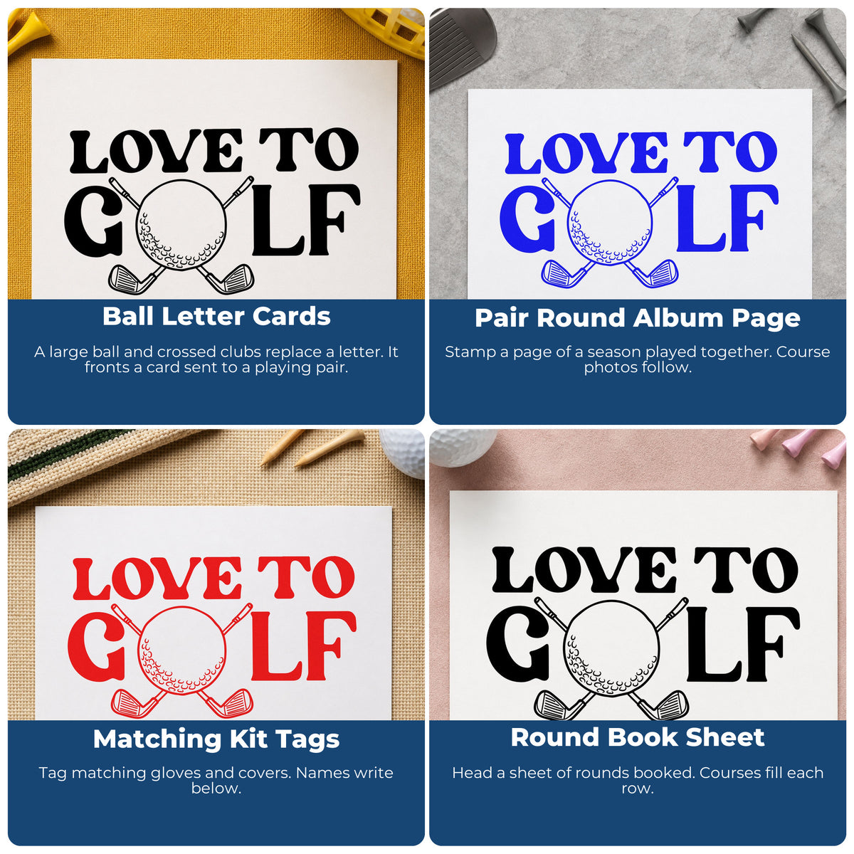 Four ways to use the Love To Golf Ball And Clubs PSI Pre-Inked Stamp: ball letter cards, pair round album page, matching kit tags and round book sheet.