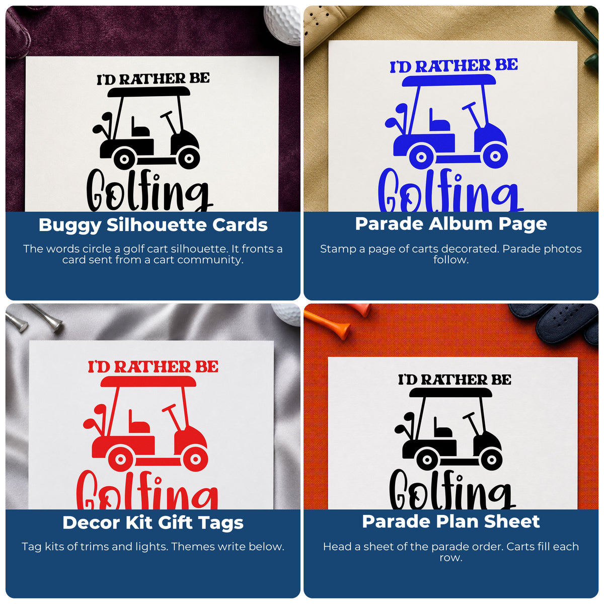 Four ways to use the Rather Be Golfing Cart Stamp – Self-Inking: buggy silhouette cards, parade album page, decor kit gift tags and parade plan sheet.