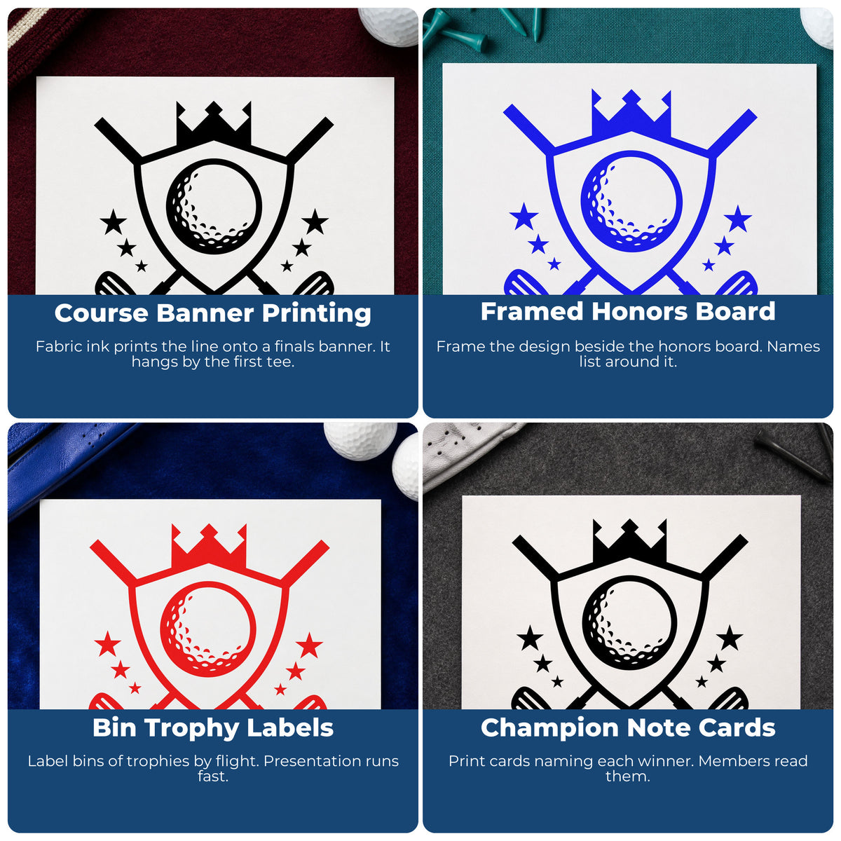 Four ways to use the Duo Hand Crowned Golf Shield Emblem Rubber Stamp: course banner printing, framed honors board, bin trophy labels and champion note cards.