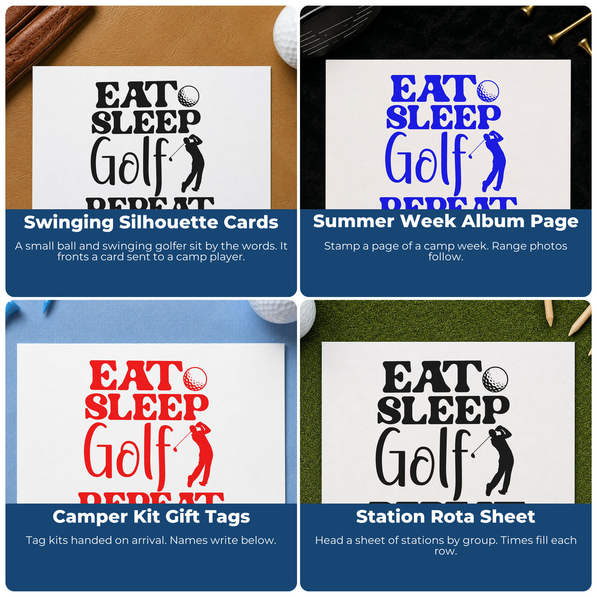 Four ways to use the Eat Sleep Golf Repeat Golfer Rubber Stamp – Wood Handle: swinging silhouette cards, summer week album page, camper kit gift tags and station rota sheet.