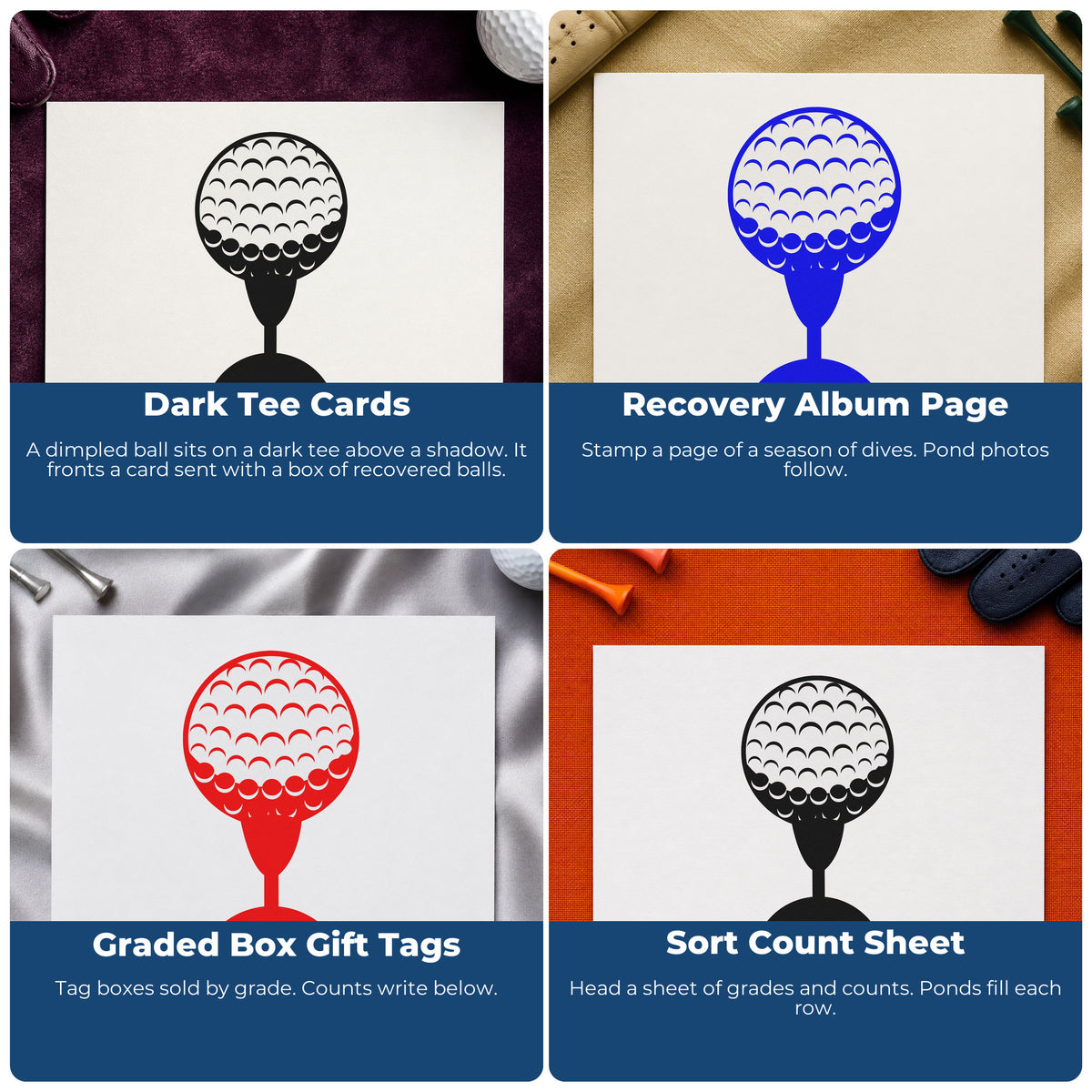 Four ways to use the Dimpled Golf Ball Tee Silhouette Wood-Mounted Rubber Stamp: dark tee cards, recovery album page, graded box gift tags and sort count sheet.